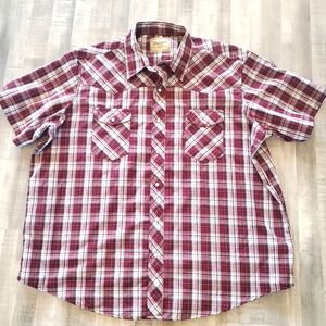 Wrangler Mens Retro Western 2XL Pearl Snap Red White Plaid Shirt XXL Short Sleev
